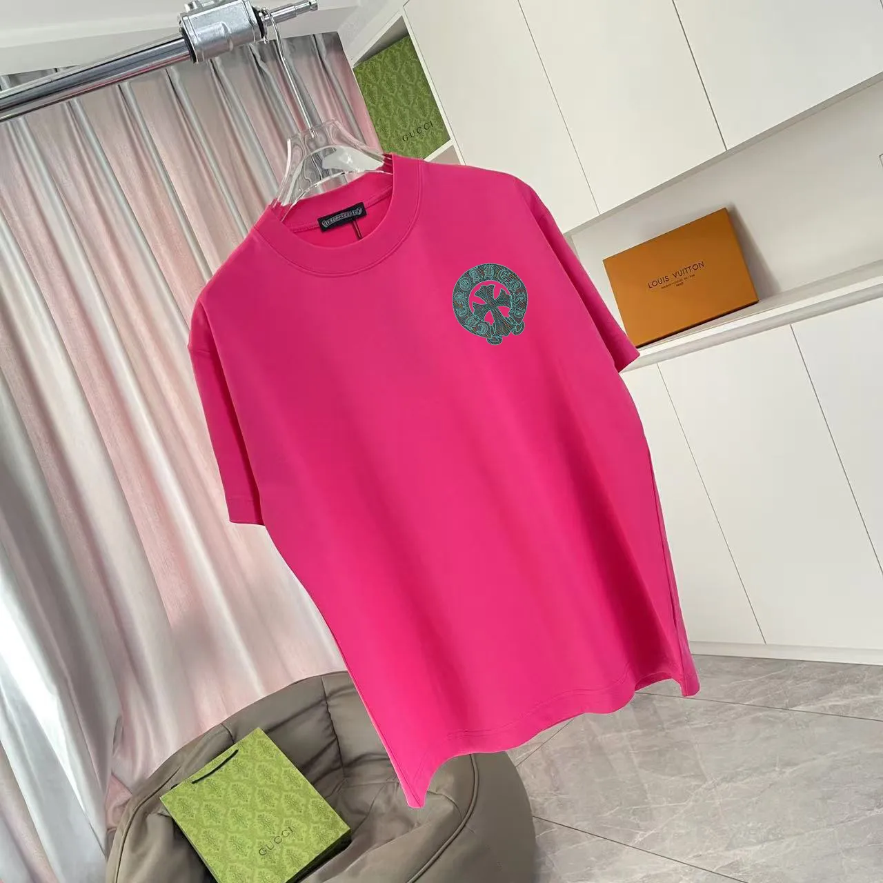 🅿️170 ch Crow*2025 summer new style Sanskrit cross horseshoe print short-sleeved T-shirt customized fabric 300g same style for men and women Size: S M L XL XXL five sizes Color: black white pink rose red iron gray